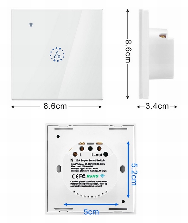 wymiary dotykowego włącznika 20A wifi ewelink